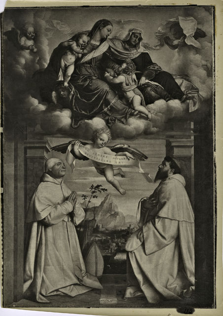 Hanfstaengl — Bonvicino Alessandro - sec. XVI - Madonna con Bambino, sant'Elisabetta e san Giovannino in gloria e donatori — insieme